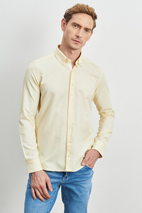 Slim Fit Dar Kesim Düğmeli Yaka Oxford Sarı Gömlek resmi