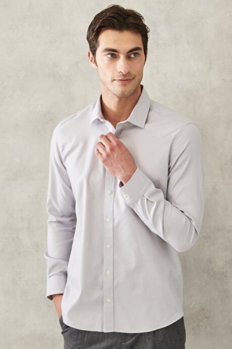 Slim Fit Dar Kesim %100 Pamuk Klasik Yaka Ütü Gerektirmeyen Non-Iron Beyaz-Gri Gömlek resmi