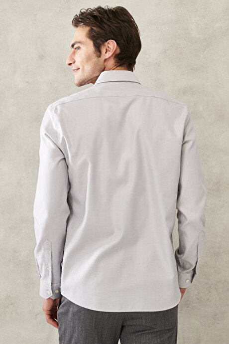 Ütü Gerektirmeyen Taılored Slim Fit Dar Kesim Klasik Yaka %100 Pamuk Armürlü Non-Iron Beyaz-Gri Gömlek resmi