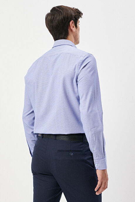 Slim Fit Dar Kesim Klasik Yaka Armürlü Uzun Kollu Mavi-Beyaz Gömlek resmi