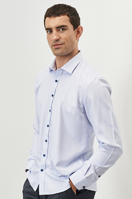 Kolay Ütülenebilir Slim Fit Dar Kesim Klasik Yaka Armürlü Beyaz-Lacivert Gömlek resmi