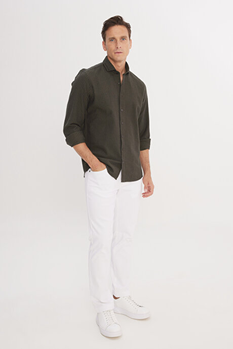 Slim Fit Dar Kesim İtalyan Yaka %100 Pamuk Gofre Haki Gömlek resmi