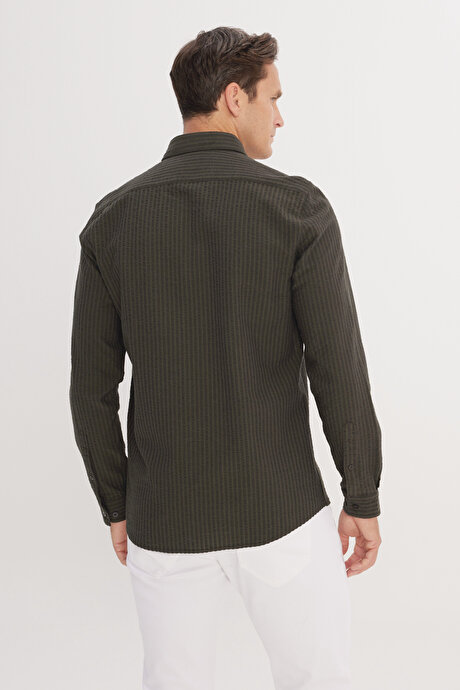 Slim Fit Dar Kesim İtalyan Yaka %100 Pamuk Gofre Haki Gömlek resmi