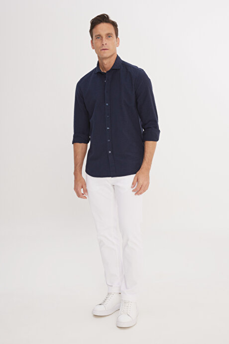 Slim Fit Dar Kesim İtalyan Yaka %100 Pamuk Gofre Lacivert Gömlek resmi