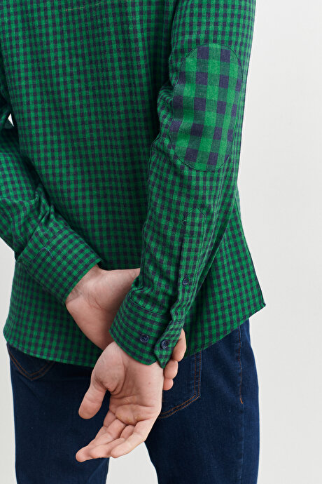 Slim Fit Dar Kesim Düğmeli Yaka Pötikareli Flanel Oduncu Yeşil-Lacivert Gömlek resmi