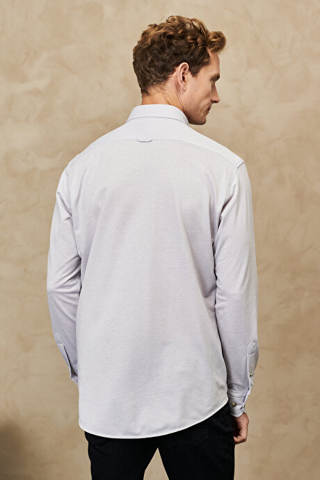 Slim Fit Dar Kesim Oxford Düğmeli Yaka Pike Desenli Pamuklu Gri Gömlek resmi