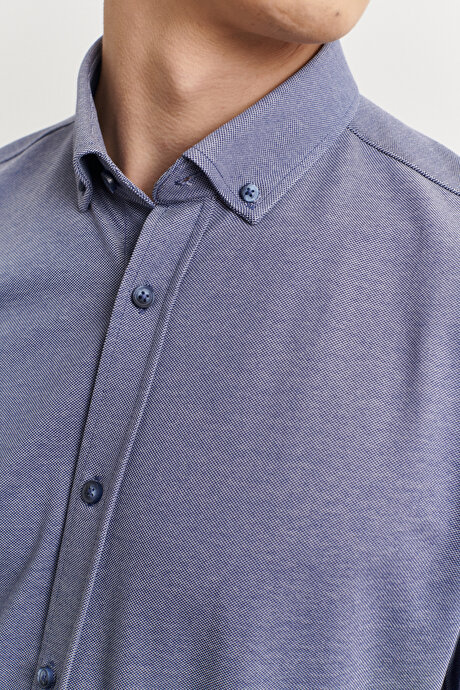 Slim Fit Dar Kesim Oxford Düğmeli Yaka Pike Desenli Pamuklu Lacivert Gömlek resmi