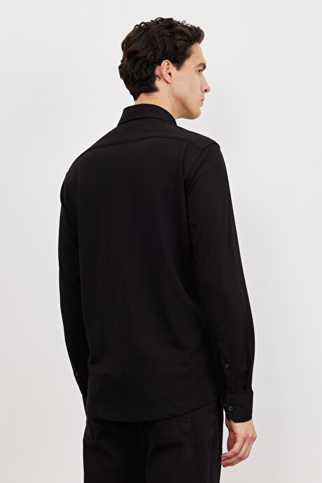 Slim Fit Dar Kesim Oxford Düğmeli Yaka Pike Desenli Pamuklu Siyah Gömlek resmi
