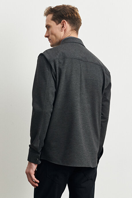 Oversize Bol Kesim Düğmeli Yaka Diagonal Desenli Oduncu Kışlık Gri Gömlek Ceket resmi