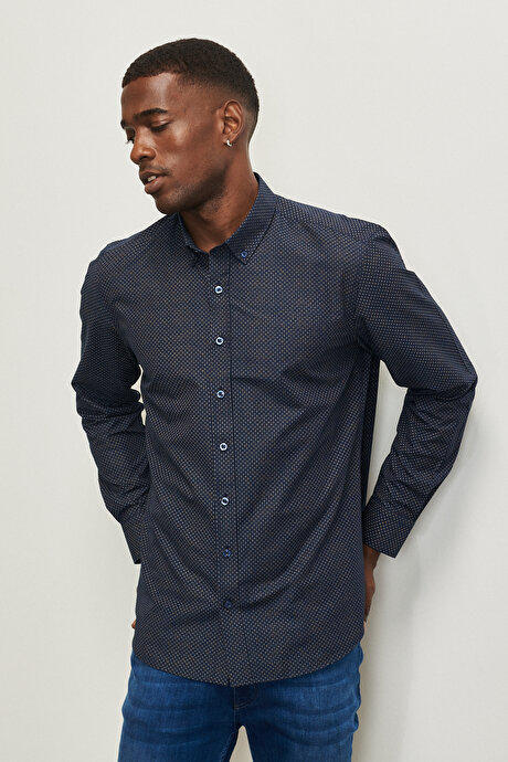 Slim Fit Dar Kesim Düğmeli Yaka Baskılı Lacivert Gömlek resmi