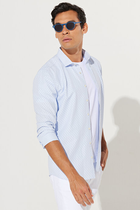Slim Fit Dar Kesim İtalyan Yaka Baskılı Mavi-Lacivert Gömlek resmi