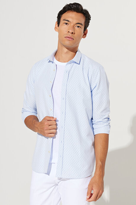 Slim Fit Dar Kesim İtalyan Yaka Baskılı Mavi-Lacivert Gömlek resmi