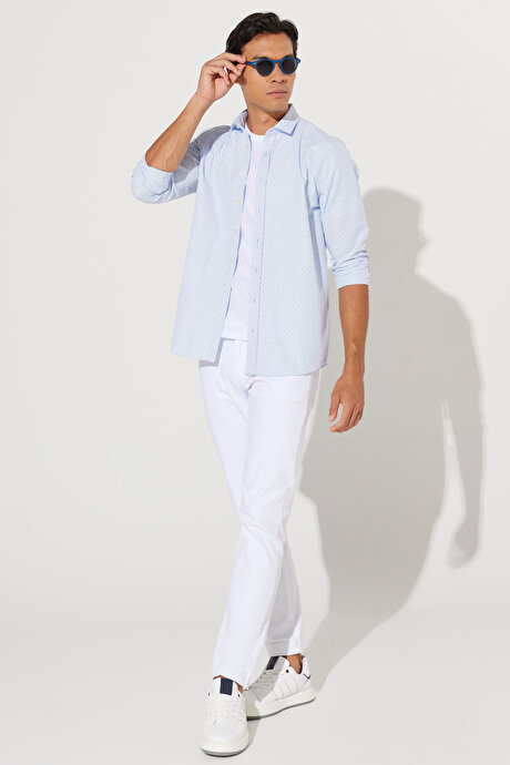 Slim Fit Dar Kesim İtalyan Yaka Baskılı Mavi-Lacivert Gömlek resmi