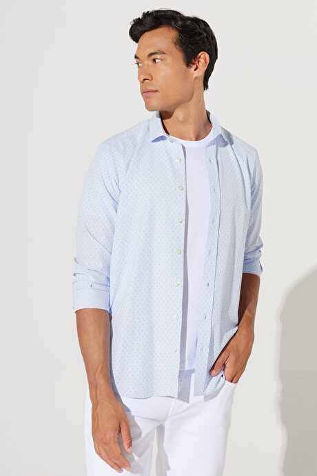 Slim Fit Dar Kesim İtalyan Yaka Baskılı Mavi-Lacivert Gömlek resmi
