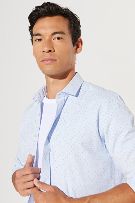 Slim Fit Dar Kesim İtalyan Yaka Baskılı Mavi-Lacivert Gömlek resmi