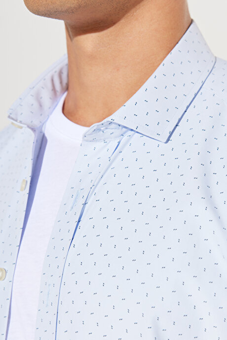 Slim Fit Dar Kesim İtalyan Yaka Baskılı Mavi-Lacivert Gömlek resmi