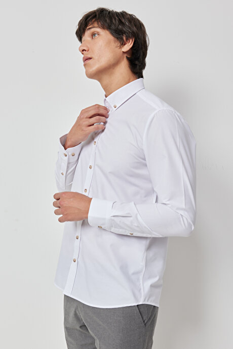 Slim Fit Dar Kesim Düğmeli Yaka Baskılı Beyaz-Bej Gömlek resmi