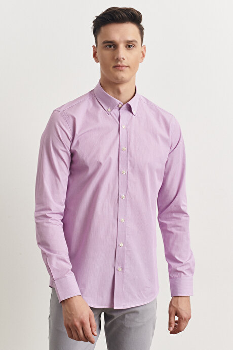 Slim Fit Dar Kesim Düğmeli Yaka %100 Pamuk Çizgili Beyaz-Lila Gömlek resmi