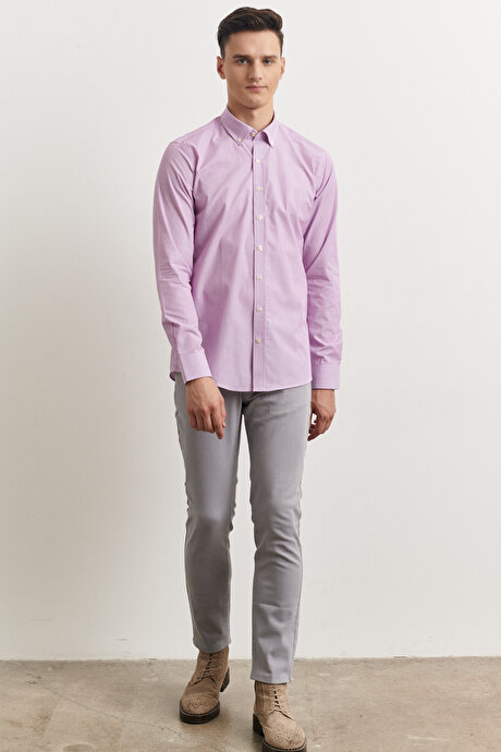 Slim Fit Dar Kesim Düğmeli Yaka %100 Pamuk Çizgili Beyaz-Lila Gömlek resmi