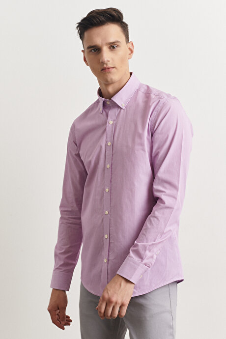 Slim Fit Dar Kesim Düğmeli Yaka %100 Pamuk Çizgili Beyaz-Lila Gömlek resmi