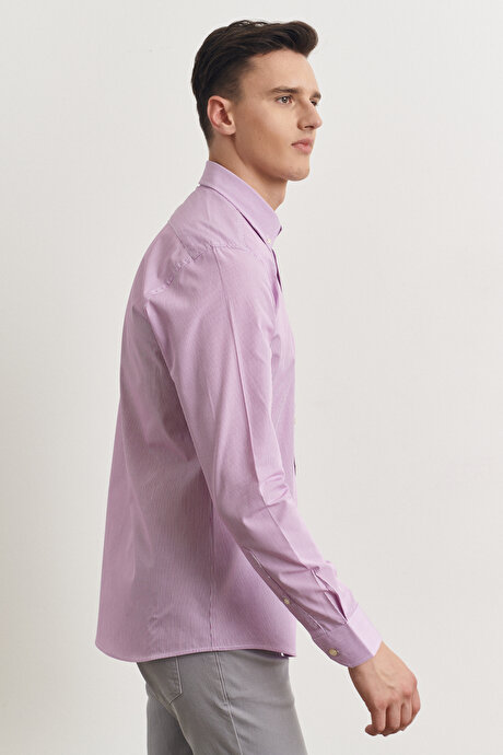 Slim Fit Dar Kesim Düğmeli Yaka %100 Pamuk Çizgili Beyaz-Lila Gömlek resmi