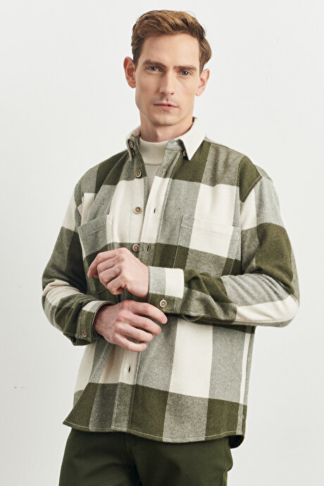 Oversize Bol Kesim Düğmeli Yaka Ekose Desenli Oduncu Haki-Bej Gömlek Ceket resmi