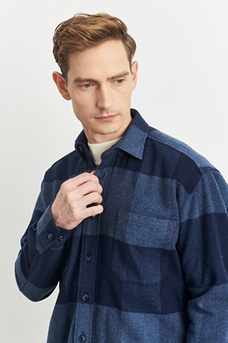 Oversize Fit Geniş Kesim Düğmeli Yaka Ekose Desenli Oduncu Lacivert-Saks Gömlek Ceket resmi