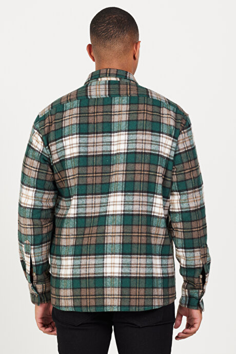 Oversize Bol Kesim Düğmeli Yaka Ekose Desenli Oduncu Kışlık Haki-Kahve Gömlek Ceket resmi