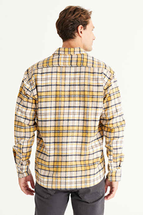 Oversize Bol Kesim Düğmeli Yaka Ekose Desenli Oduncu Kışlık Sarı-Bej Gömlek Ceket resmi