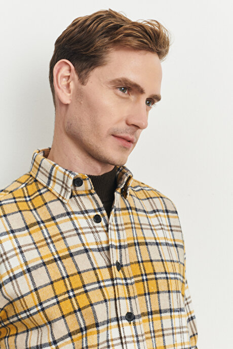 Oversize Bol Kesim Düğmeli Yaka Ekose Desenli Oduncu Sarı-Bej Gömlek Ceket resmi