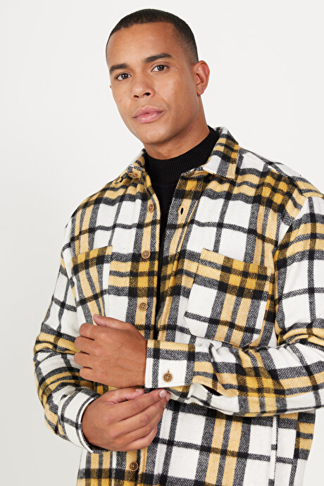 Oversize Bol Kesim Düğmeli Yaka Ekose Desenli Oduncu Kışlık Hardal-Siyah Gömlek Ceket resmi