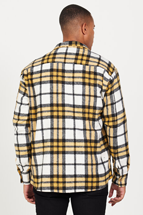 Oversize Bol Kesim Düğmeli Yaka Ekose Desenli Oduncu Kışlık Hardal-Siyah Gömlek Ceket resmi