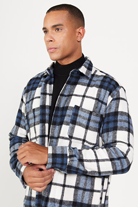 Oversize Bol Kesim Düğmeli Yaka Ekose Desenli Oduncu Kışlık İndigo-Siyah Gömlek Ceket resmi