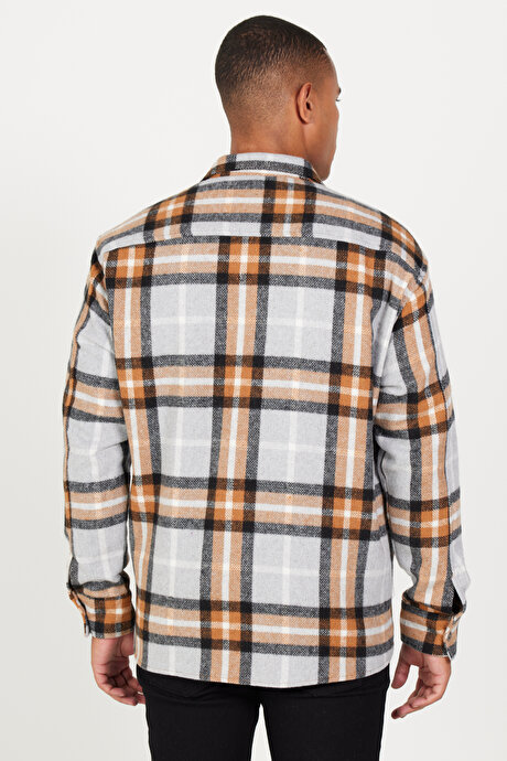 Oversize Bol Kesim Düğmeli Yaka Ekose Desenli Oduncu Kışlık Kiremit-Gri Gömlek Ceket resmi
