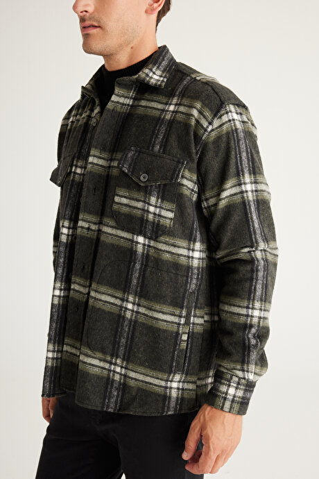 Oversize Bol Kesim Düğmeli Yaka Cepli Kareli Oduncu Kışlık Haki-Siyah Gömlek Ceket resmi
