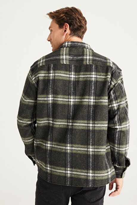 Oversize Bol Kesim Düğmeli Yaka Cepli Kareli Oduncu Haki-Siyah Gömlek Ceket resmi