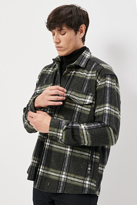 Oversize Fit Geniş Kesim Düğmeli Yaka Cepli Kareli Oduncu Haki-Siyah Gömlek Ceket resmi