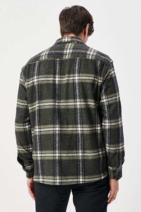 Oversize Fit Geniş Kesim Düğmeli Yaka Cepli Kareli Oduncu Haki-Siyah Gömlek Ceket resmi