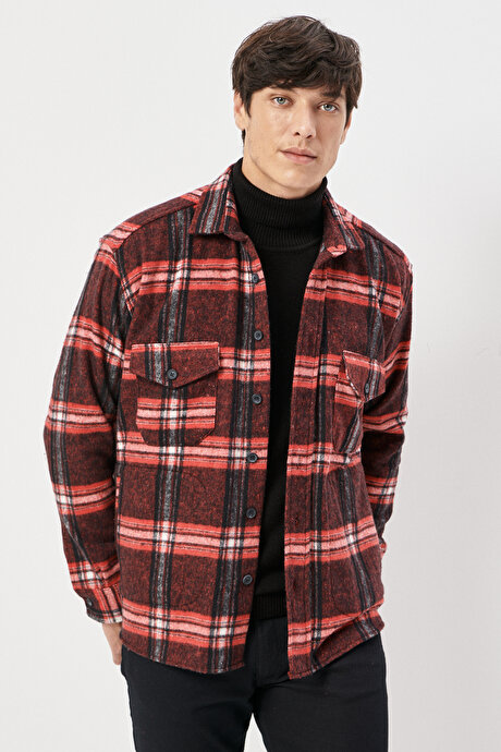 Oversize Fit Geniş Kesim Düğmeli Yaka Cepli Kareli Oduncu Kırmızı-Siyah Gömlek Ceket resmi