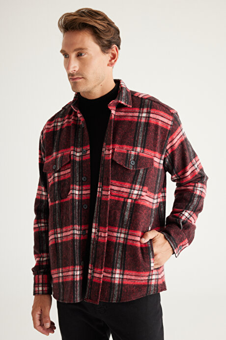 Oversize Bol Kesim Düğmeli Yaka Cepli Kareli Oduncu Kışlık Kırmızı-Siyah Gömlek Ceket resmi