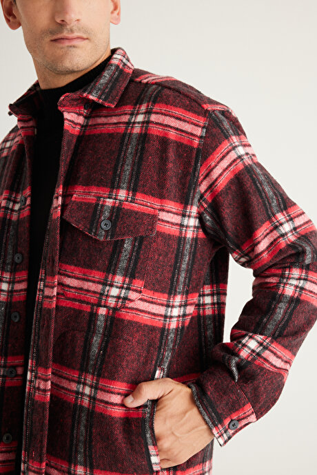 Oversize Bol Kesim Düğmeli Yaka Cepli Kareli Oduncu Kırmızı-Siyah Gömlek Ceket resmi