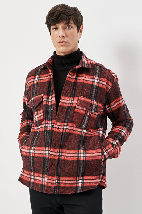 Oversize Fit Geniş Kesim Düğmeli Yaka Cepli Kareli Oduncu Kırmızı-Siyah Gömlek Ceket resmi