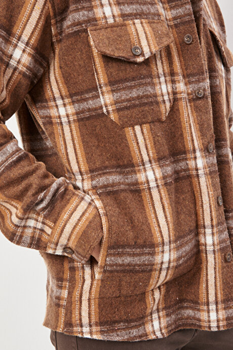 Oversize Fit Geniş Kesim Düğmeli Yaka Cepli Kareli Oduncu Kahve-Vizon Gömlek Ceket resmi