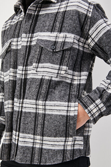 Oversize Fit Geniş Kesim Düğmeli Yaka Cepli Kareli Oduncu Siyah-Gri Gömlek Ceket resmi
