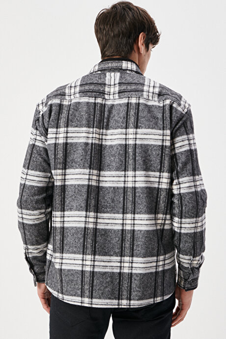 Oversize Fit Geniş Kesim Düğmeli Yaka Cepli Kareli Oduncu Siyah-Gri Gömlek Ceket resmi