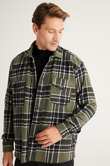 Oversize Bol Kesim Düğmeli Yaka Cepli Kareli Oduncu Kışlık Haki-Siyah Gömlek Ceket resmi