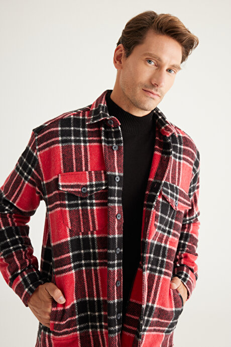 Oversize Bol Kesim Düğmeli Yaka Cepli Kareli Kırmızı-Siyah Gömlek Ceket resmi