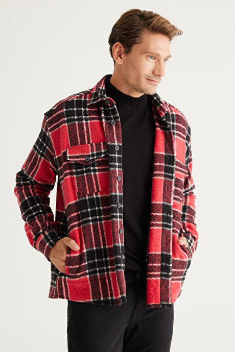 Oversize Bol Kesim Düğmeli Yaka Cepli Kareli Oduncu Kışlık Kırmızı-Siyah Gömlek Ceket resmi