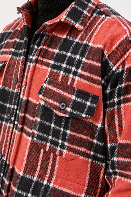 Oversize Fit Geniş Kesim Düğmeli Yaka Cepli Kareli Kırmızı-Siyah Gömlek Ceket resmi