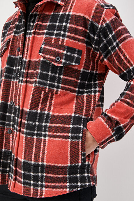 Oversize Fit Geniş Kesim Düğmeli Yaka Cepli Kareli Kırmızı-Siyah Gömlek Ceket resmi